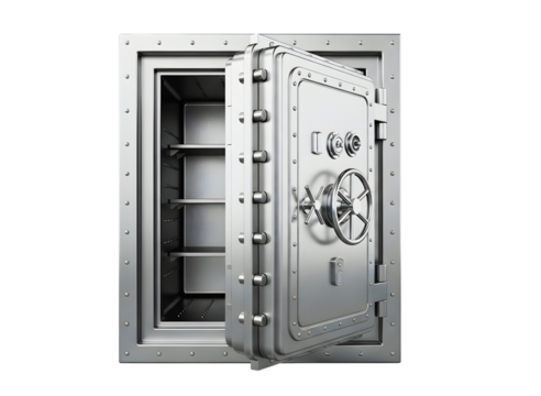 Open heavy duty metal bank vault safe with combination dial isolated on transparent background