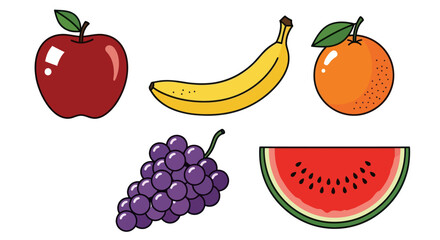 A vibrant collection of fresh fruits including an apple banana orange grapes and watermelon slice.