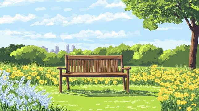 A view of a bench in summer with city buildings and beautiful flowers. 4K animated video