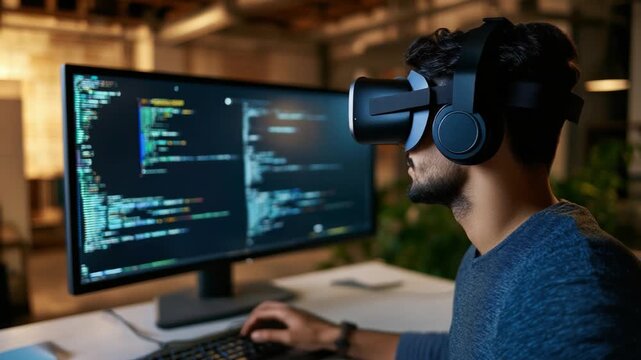 Immersive Coding Experience: A focused coder, donned with a VR headset, navigates intricate code on a dual monitor display, seamlessly blending the digital and physical realms