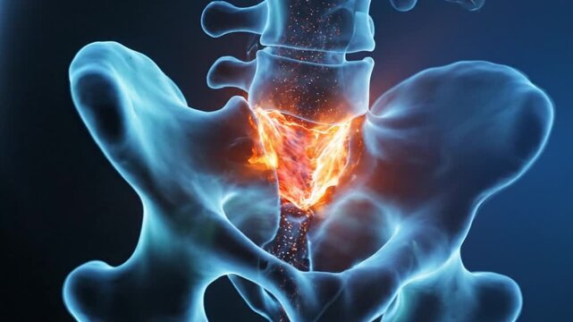 Human Pelvis Anatomy Lumbar Spine Sacrum Coccyx Sciatic Nerve Pain Highlighted.