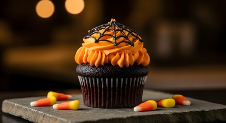 Halloween themed chocolate cupcake with spider web icing and candy corn
