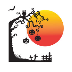 Halloween Silhouette Scene Spooky Tree, Jack-o'-Lanterns, and Sunset, Perfect for Decorations and Designs