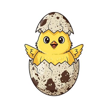 A cartoon image depicting a fluffy yellow chick hatching from a speckled egg, wings slightly outspread