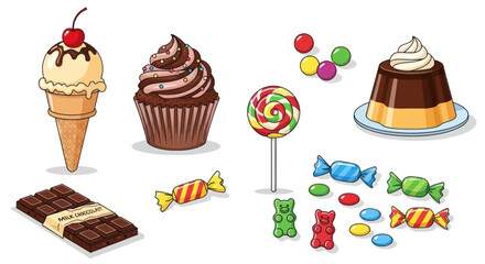 Assortment of Sweet Treats Including Ice Cream Cupcake Chocolate Bar and Candies.