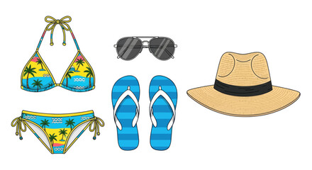 Naklejka premium Colorful Summer Beach Vacation Outfit with Bikini Sunglasses Flip-flops and Hat.