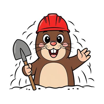 A cartoon mole, wearing a red construction hat, waves while holding a shovel. It emerges from a hole