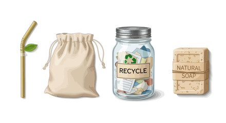 Eco-Friendly Products: Bamboo Straw Cotton Bag Recycle Jar and Natural Soap.