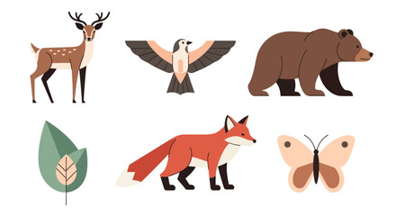 Collection of Stylized Forest Animals and Leaf Illustrations.