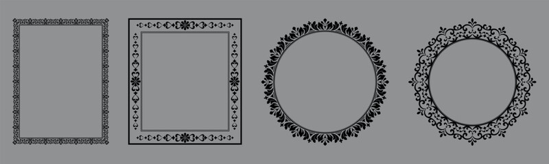 Set of decorative frames Elegant vector element for design in Eastern style, place for text. Floral black and gray borders. Lace illustration for invitations and greeting cards