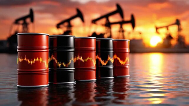 Oil Barrels at Sunset: Rows of oil barrels stand against a backdrop of active oil pumps, reflecting on the water, with the warm colors of a sunset providing an evocative industrial scene.