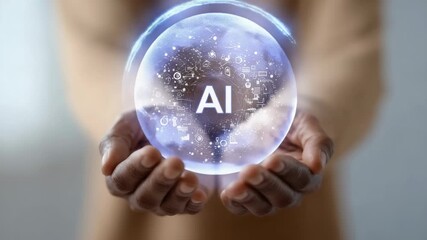 Business professional holding glowing ai sphere, representing digital innovation, data processing, and global connectivity with blurred technological backdrop - Powered by Adobe