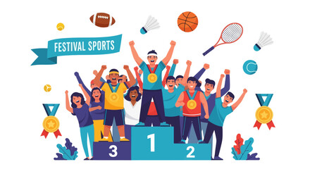 Sports Festival Celebration: Diverse Team on Podium with Medals and Sports Equipment.