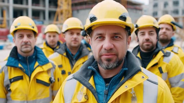 Construction Crew in Unity: A determined construction crew stands united, each member donned in protective gear.
