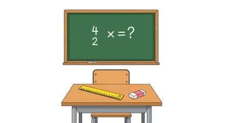 Cartoon Classroom Scene with Chalkboard and Desk Math Problem Displayed.