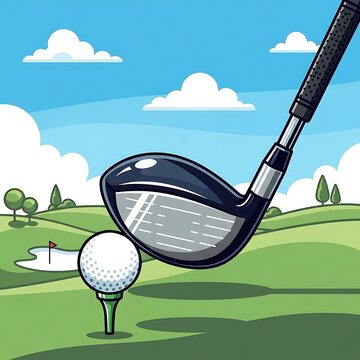 A cartoon-style illustration of a golf club about to hit a golf ball on a tee. The background shows a golf course with clouds