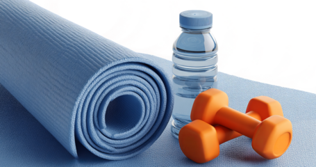 blue yoga mat with orange dumbbells and a water bottle on a transparent background
