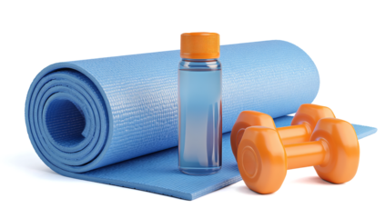 blue yoga mat with orange dumbbells and a water bottle on a transparent background