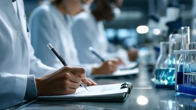 Workshop where AI algorithms predict gene editing targets researchers noting results in notebooks AI predictions genomics research scientific workflow with copy space