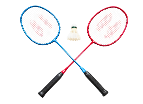 Two badminton rackets crossed with shuttlecock isolated on transparent background