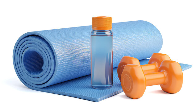 blue yoga mat with orange dumbbells and a water bottle on a transparent background