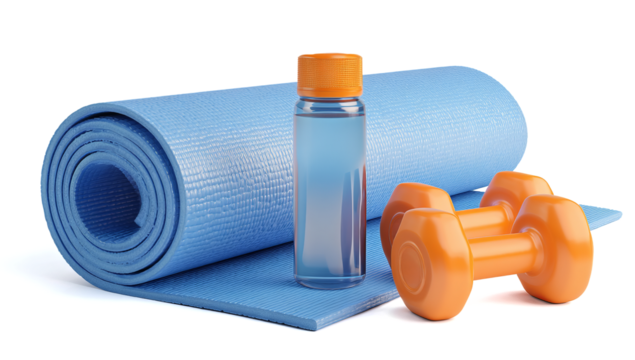 blue yoga mat with orange dumbbells and a water bottle on a transparent background