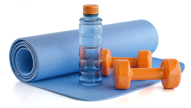 blue yoga mat with orange dumbbells and a water bottle on a transparent background