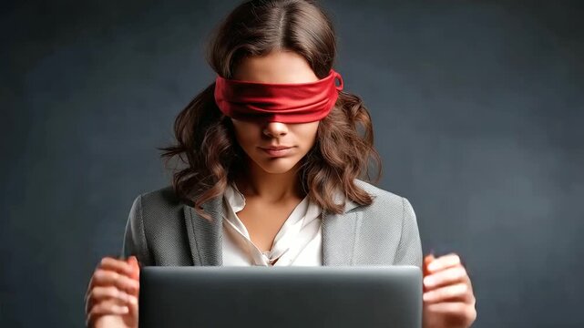Confused blindfolded woman struggling with a laptop business uncertainty workplace challenge decision making stress with copy space
