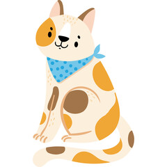 Whimsical cartoon cat wearing a blue polka dot bandana sits patiently its coat a pattern of creamy white brown and tan spots isolated on a transparent background