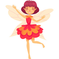 Whimsical Cartoon Fairy with Orange Wings and Red Dress Dancing Joyfully with Arms Raised High on a White Background