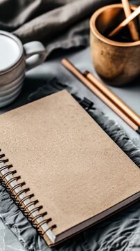 A brown notebook lying flat on a wooden table, great for office or study scene