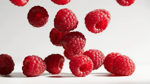 Fresh and juicy red raspberries falling, bouncing, and settling on a clean surface, isolated on a white background. The concept represents healthy eating, vitamins, and natural organic food