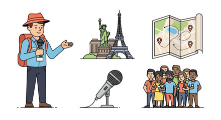 Hand-drawn Travel and Tourism Icons Set: Tourist Famous Landmarks Map Microphone and Diverse Group.