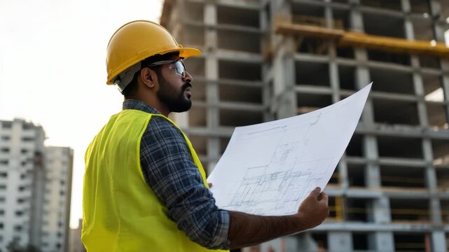 Construction Engineer with Blueprints: A focused construction engineer, clad in a safety vest and hard hat.