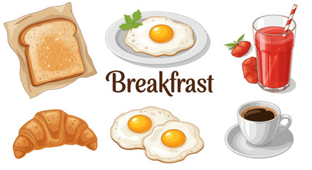 Delicious Breakfast Spread Featuring Eggs Toast Croissant Juice Coffee.