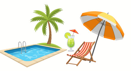 Tropical Poolside Relaxation with Palm Tree Lounge Chair and Cocktail.