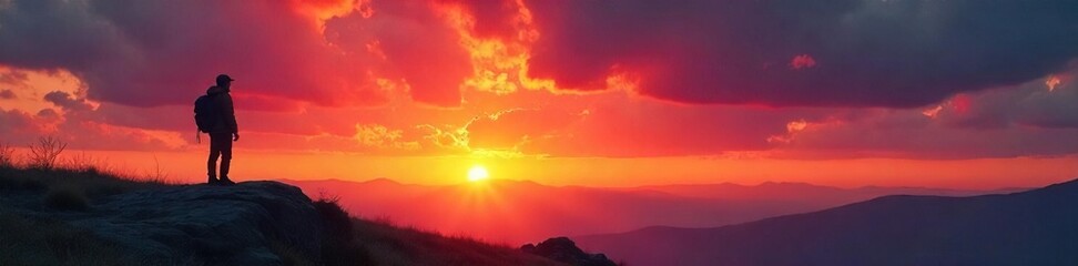 Fototapeta premium Silhouetted Figure at Sunset Solitude, Introspection, and the Vastness of Existence