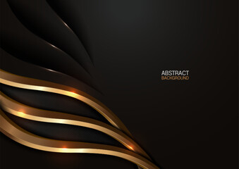 Luxury modern abstract background in black gold tones with flowing golden curves, perfect for business presentations, premium cover design, promotional banners, elegant professional template
