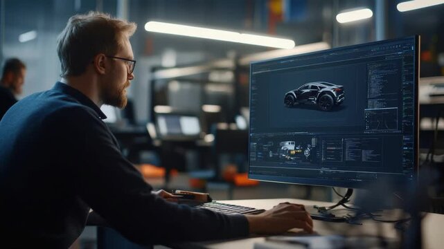 Tech Artisan at Work: A focused man, illuminated by the glow of a computer monitor, meticulously designs a complex vehicle model, showcasing cutting-edge technology and engineering. 