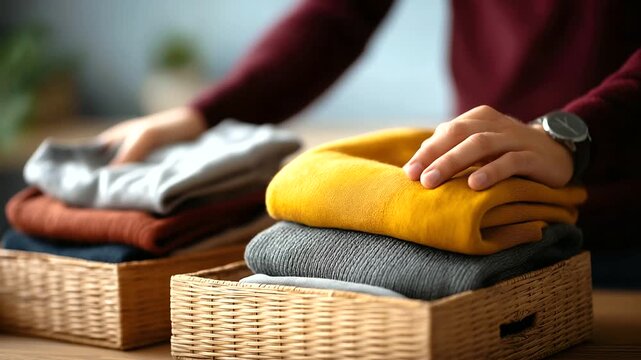 Professional organizer sorting wardrobe items for decluttering wardrobe organization minimalism lifestyle charity donation with copy space