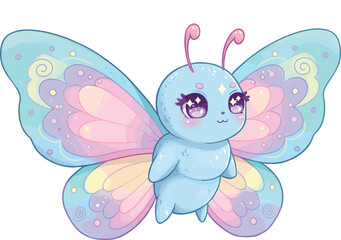 Whimsical cartoon butterfly with pastel wings, blue body, pink antennae, sparkly purple eyes, fantasy style, vector illustration, isolated background