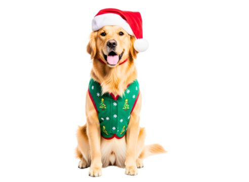 Happy golden retriever dog wearing santa hat and christmas vest isolated on transparent background