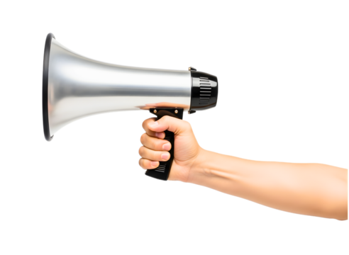 Hand holding a white and red megaphone isolated on transparent background - Powered by Adobe
