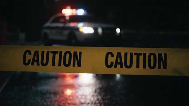 Dynamic Police Emergency: Flashing Lights and Yellow Caution Tape Mark a Night Crime Scene