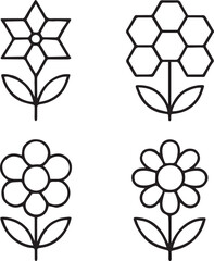 Four black outlined floral line drawings on white a star shaped honeycomb circular and elongated petal flower Each has two leaves a dark center and clean symmetrical minimalist design
