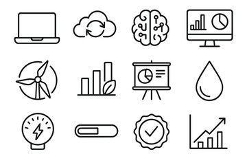 Digital Environmental Goals outline icon set: laptop, cloud sync, AI brain, analytics dashboard, renewable icon, eco data chart, KPI board, water droplet, energy meter, progress