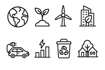 Environmental Impact outline icon set: earth icon, tree sapling, renewable energy, eco building, electric car, energy chart, recycle bin, sustainable community.