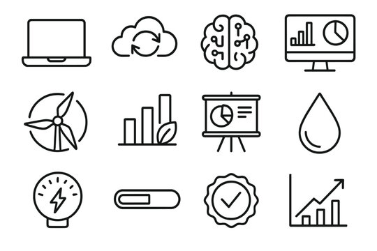 Digital Environmental Goals outline icon set: laptop, cloud sync, AI brain, analytics dashboard, renewable icon, eco data chart, KPI board, water droplet, energy meter, progress