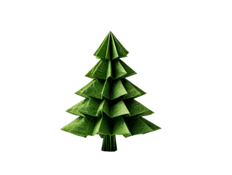 Green Origami Christmas Tree with Textured Paper, isolated on transparent cutout background