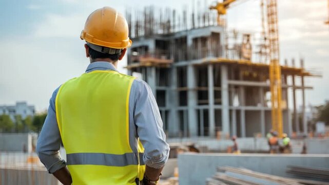 Construction Foreman Observing the Site: A construction foreman stands confidently, surveying the ongoing progress of a modern building project against a bright sky.